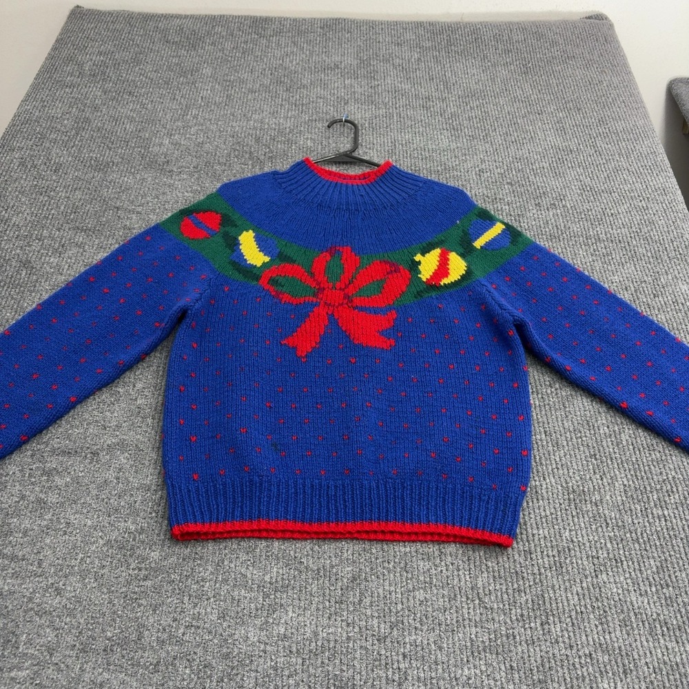Vintage Brooks Brothers Sweater Womens S Blue Wool Wreath Bow Mock Neck Holiday